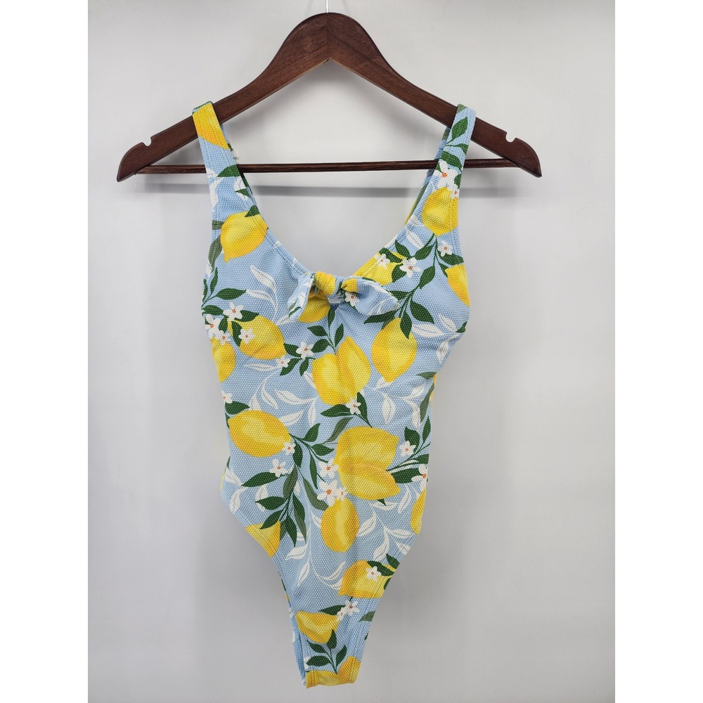 Time and Tru Womens Blue Lemon Print One Piece Swimsuit Size S 4-6